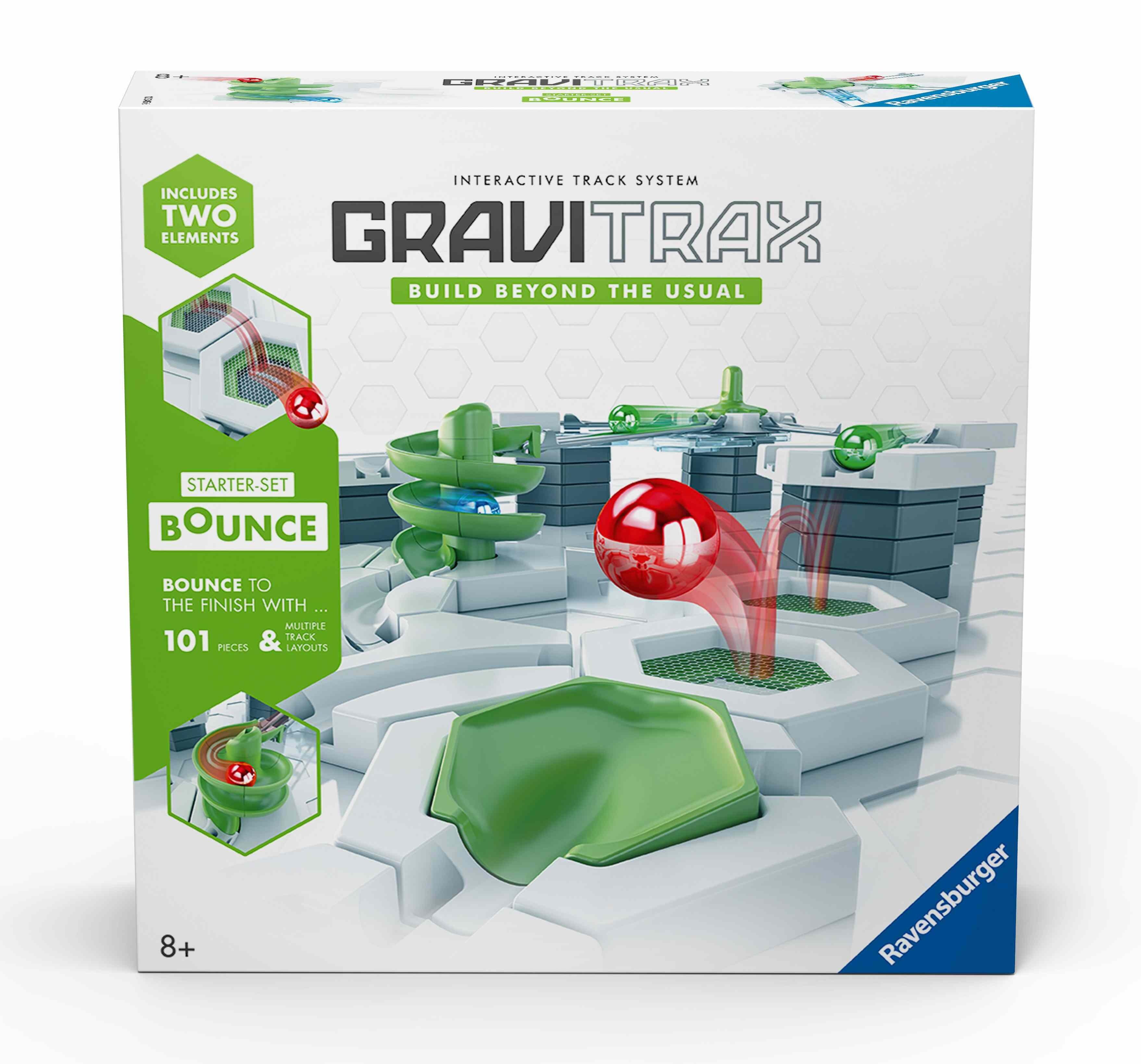 Front of the GraviTrax Bounce box with a detailed image of the marble run’s trampoline feature