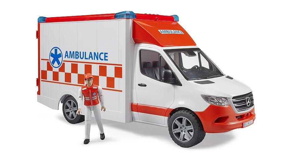 Side view of Bruder Mercedes-Benz Sprinter ambulance toy with included stretcher and figure