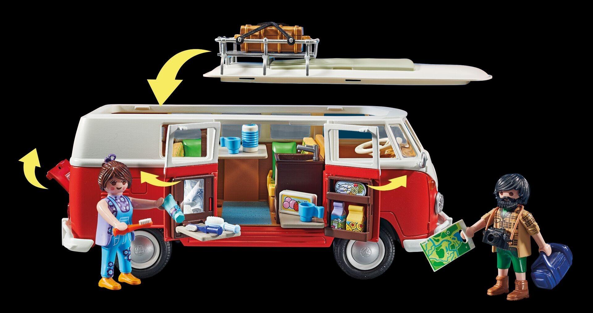 Playmobil VW T1 Camping Bus with roof lifted and side doors open, showing interior features and accessories