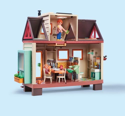 PLAYMOBIL 71509 Tiny House playset with open walls showing the fully furnished mobile home interior.