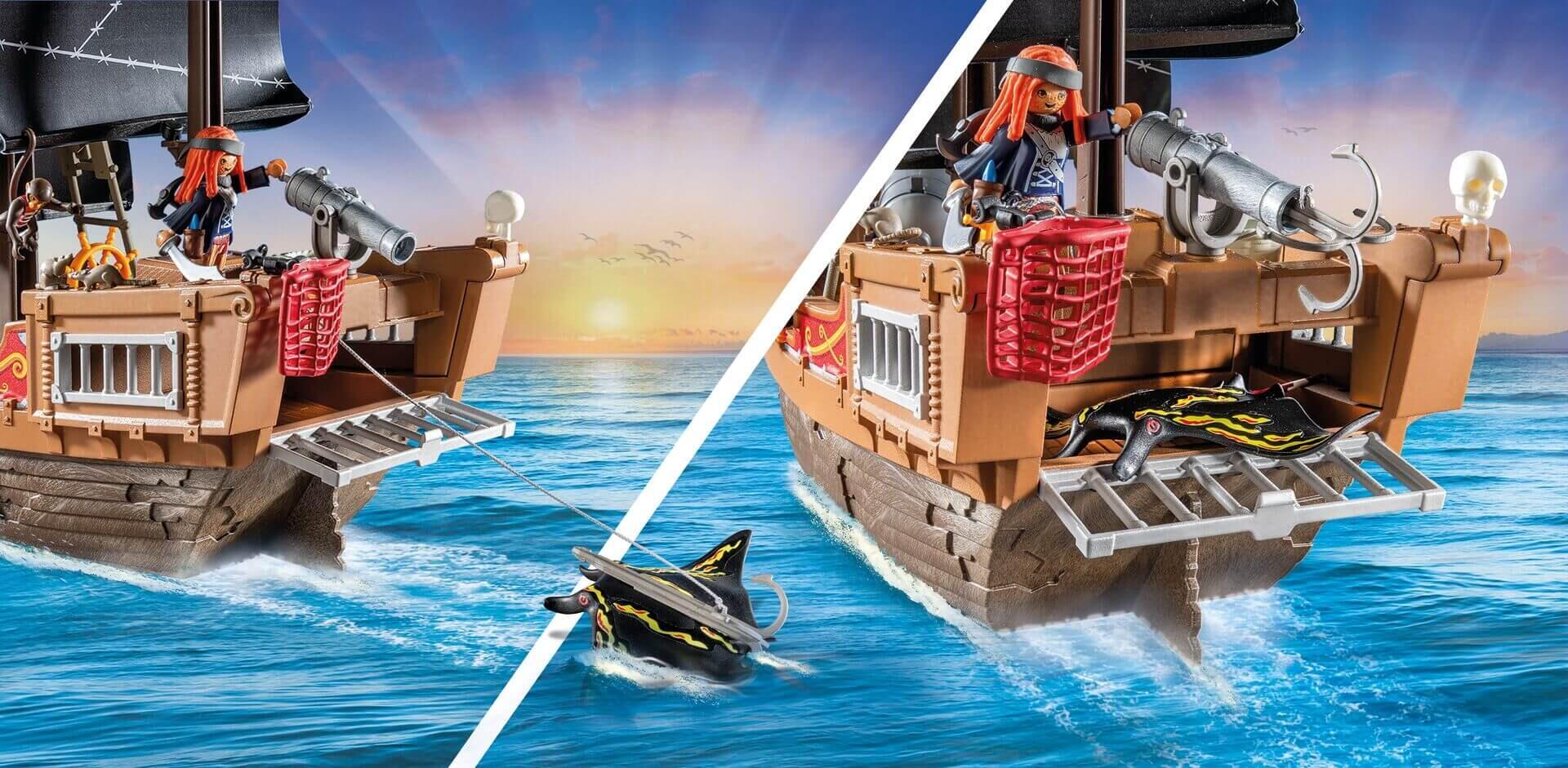 Playmobil pirate galleon shown from front and back on the water