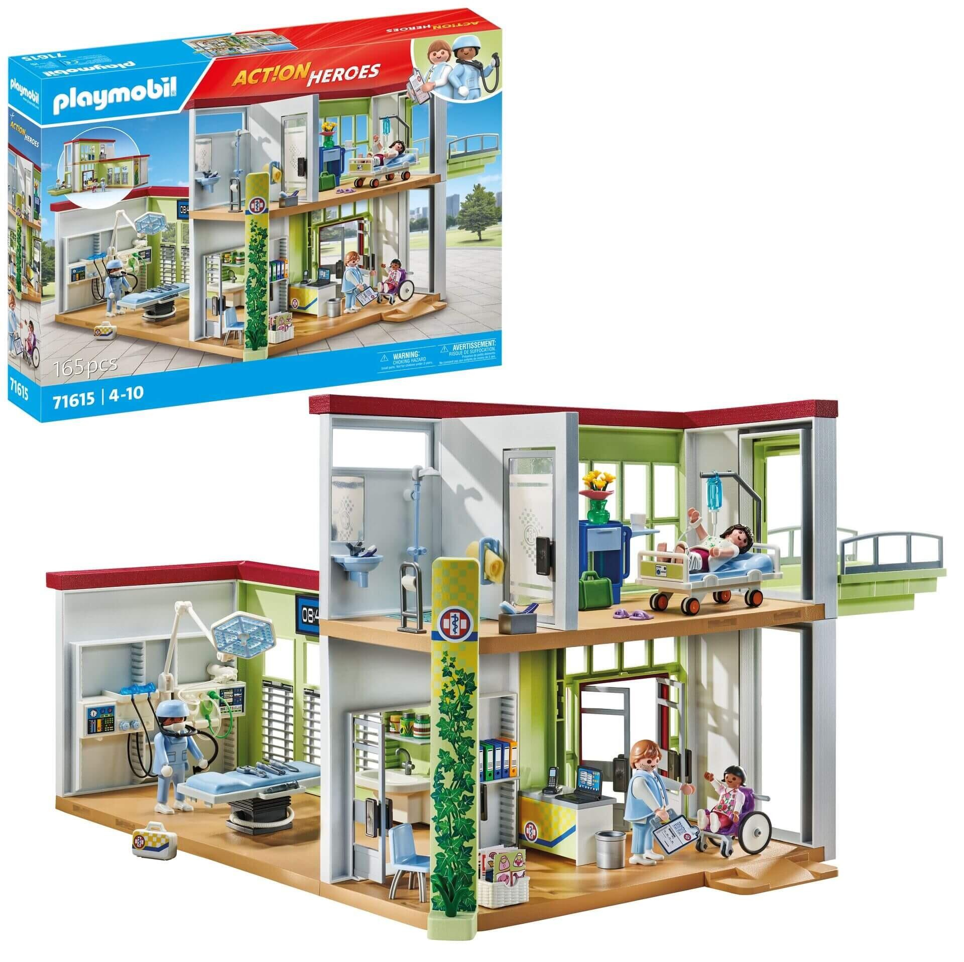 Playmobil Modern Hospital product box and assembled model showing building interior and exterior
