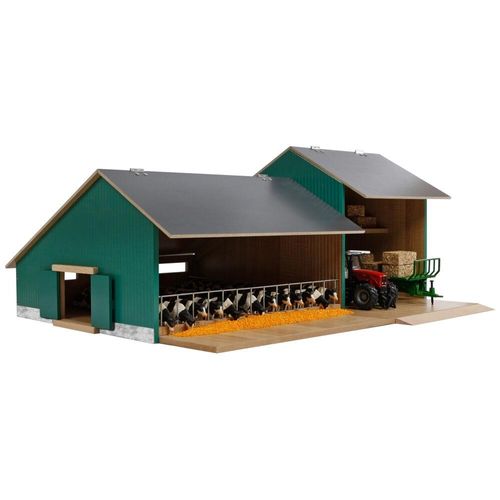 Kids Globe 1:32 cattle and machinery shed with open front showing cows inside and storage space for farm vehicles and equipment.