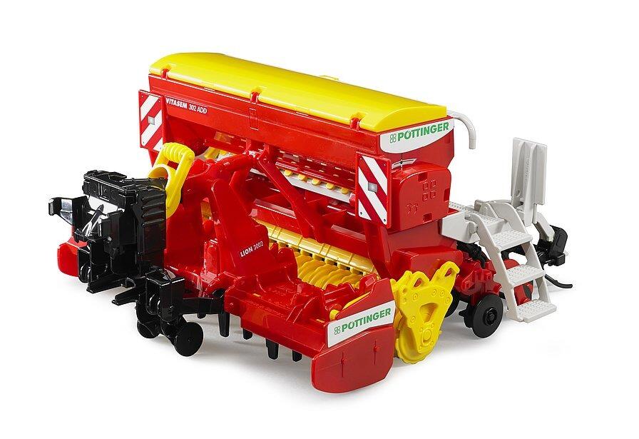 Side view of the Bruder Pöttinger Vitasem 302 ADD 1:16 scale seed drill attachment for Bruder tractors