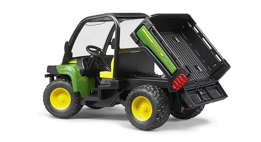 Rear view of John Deere Gator XUV 855D Bruder toy with cargo bed