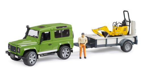 Bruder Land Rover Defender with trailer carrying JCB micro excavator and construction worker figure