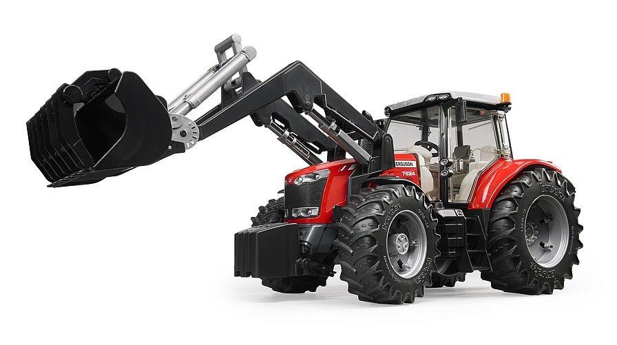 Bruder Massey Ferguson 7600 tractor using front loader – rear angle view