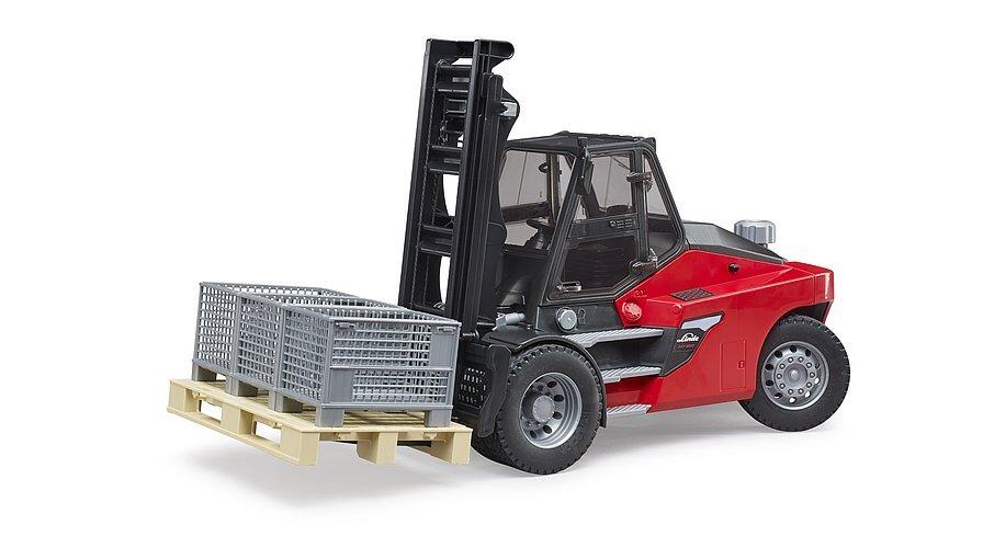 Bruder Linde HT160 Forklift 1:16 scale toy lifting a pallet with metal cages.