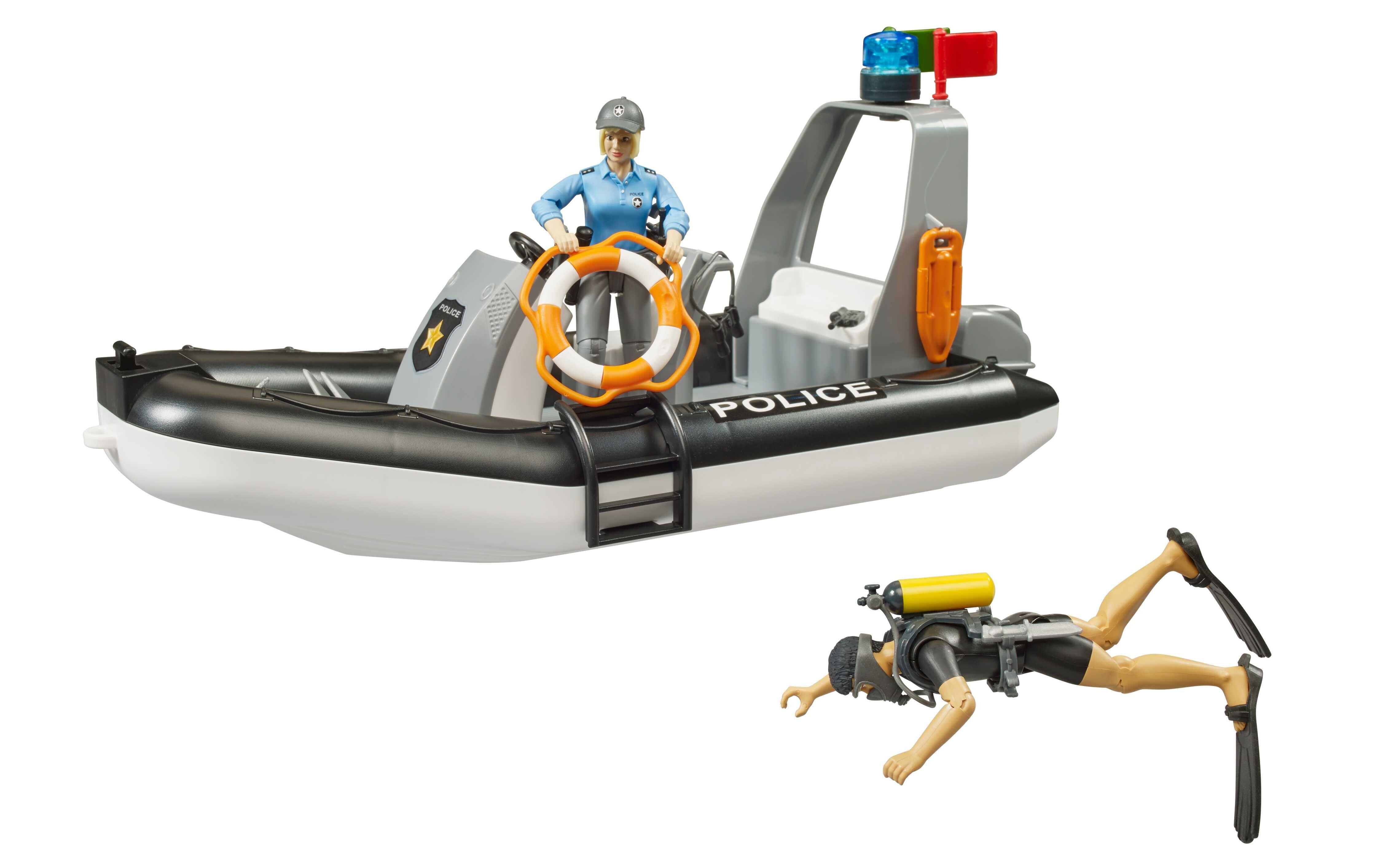 Bruder police rescue boat with seated officer and separate diver figure beside the boat