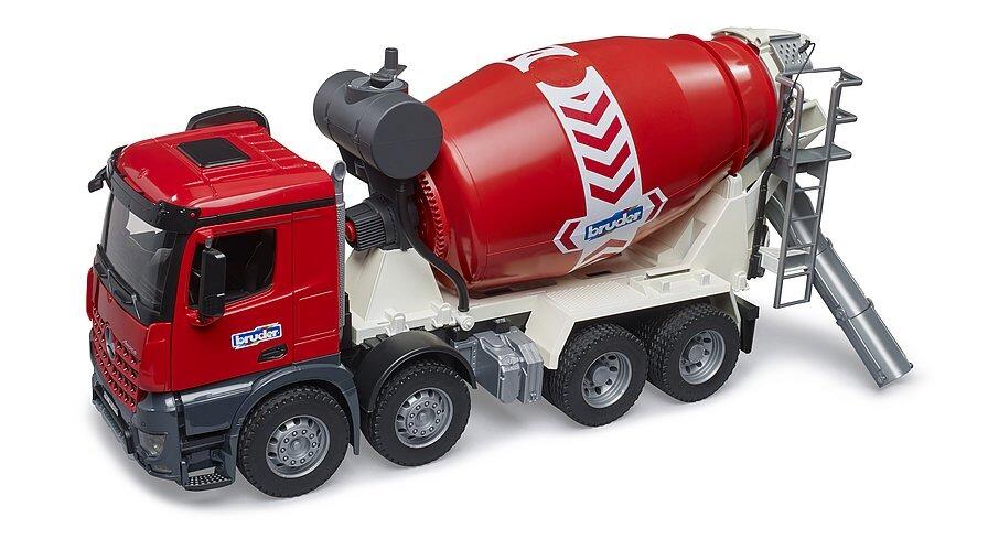 Side view of red cement mixer toy truck with discharge chute lowered