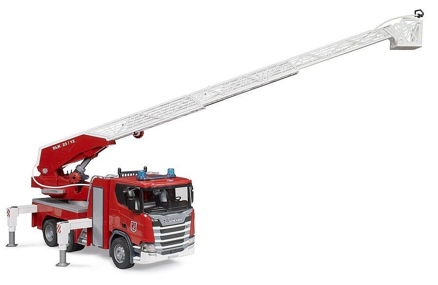 Side angle view of Scania fire engine with long rescue ladder extended