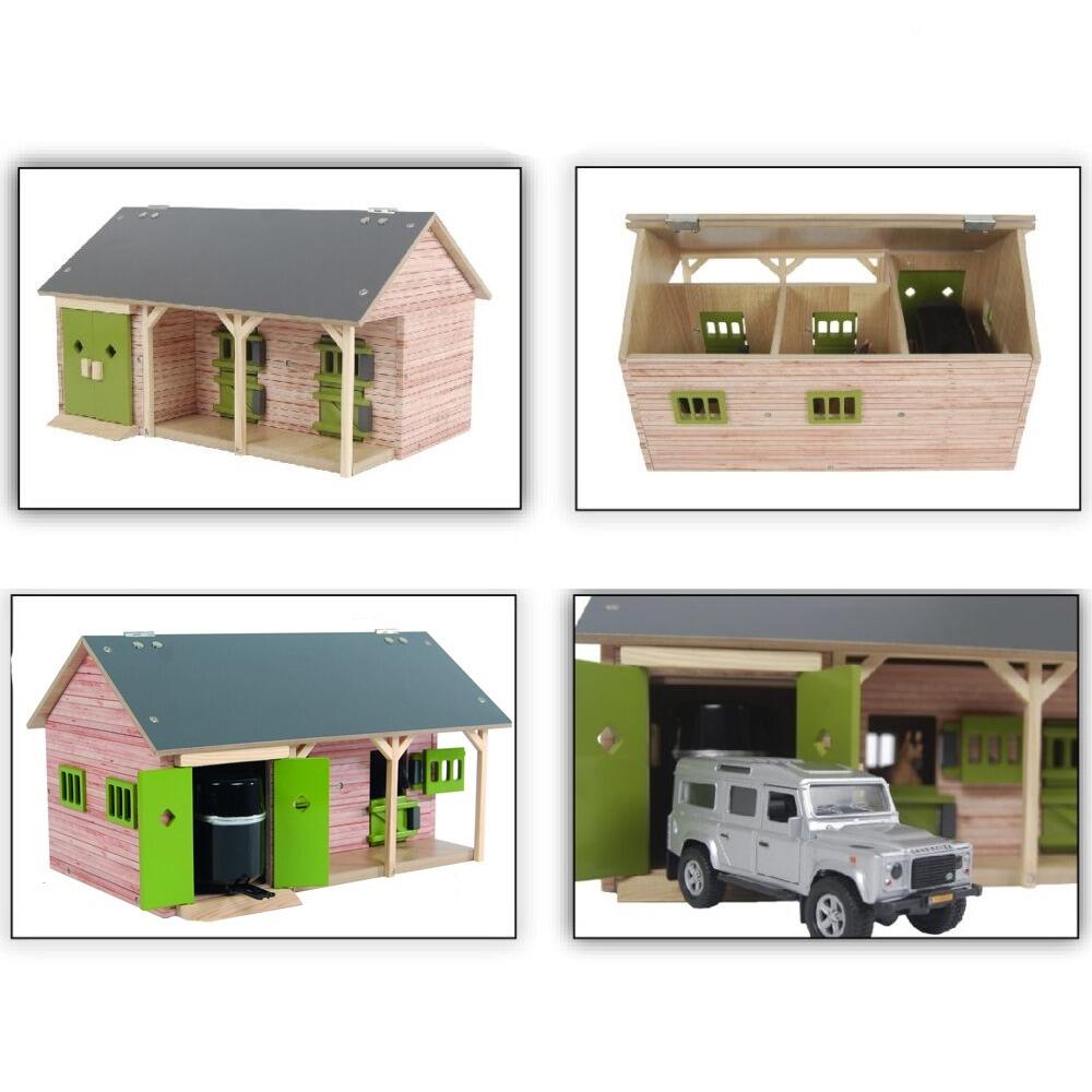 Image collage showing multiple views of the Kids Globe horse stable with two boxes and its accessories.