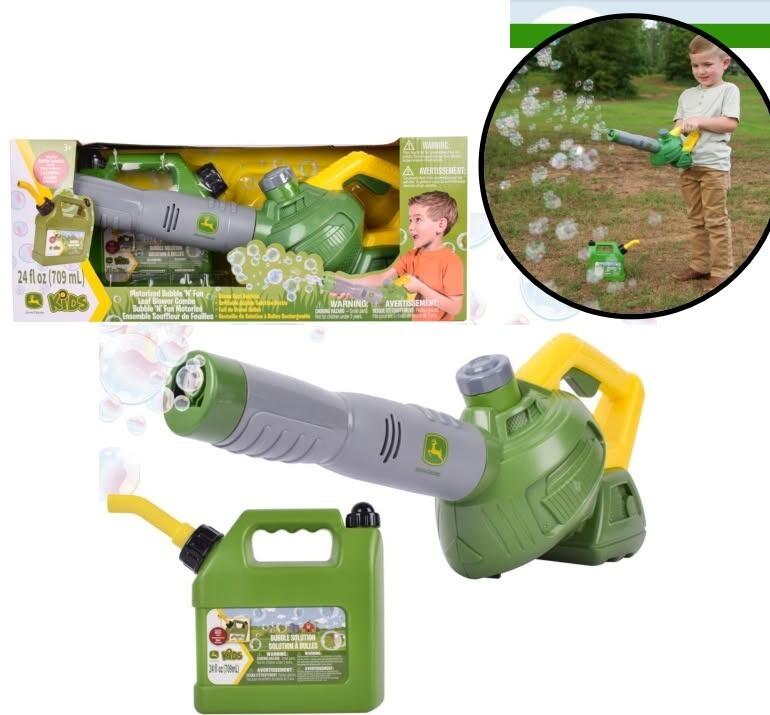 John Deere bubble leaf blower toy with refill can displayed in packaging.