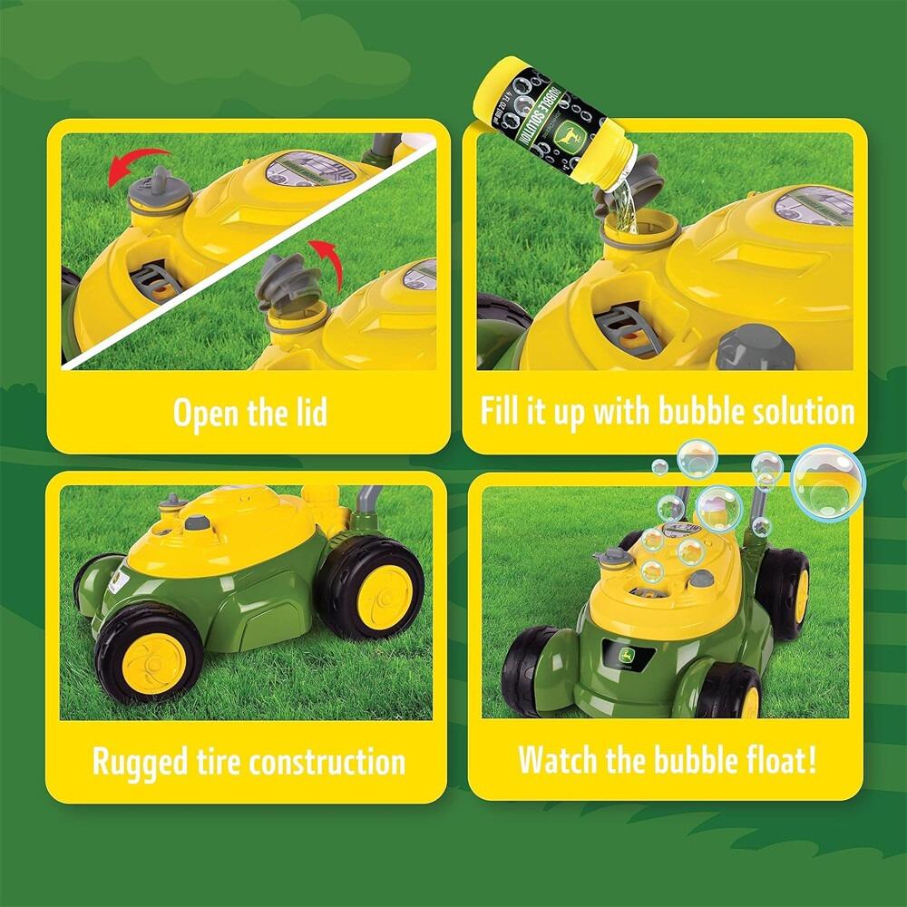 Instruction graphic showing how to open the mower lid, fill bubble solution, and operate the John Deere bubble mower