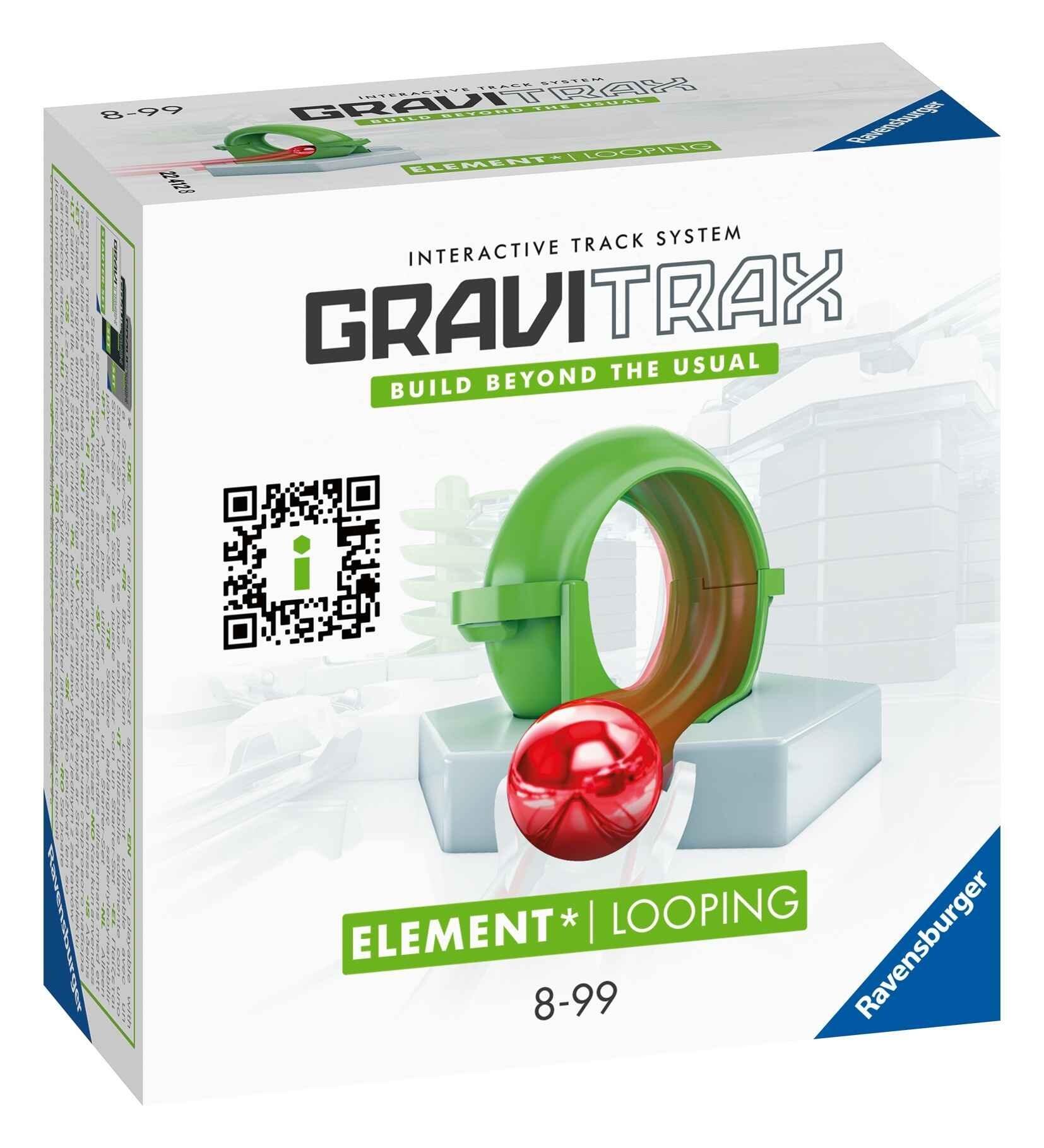Front view of the GraviTrax Loop Element box featuring the 360-degree loop piece