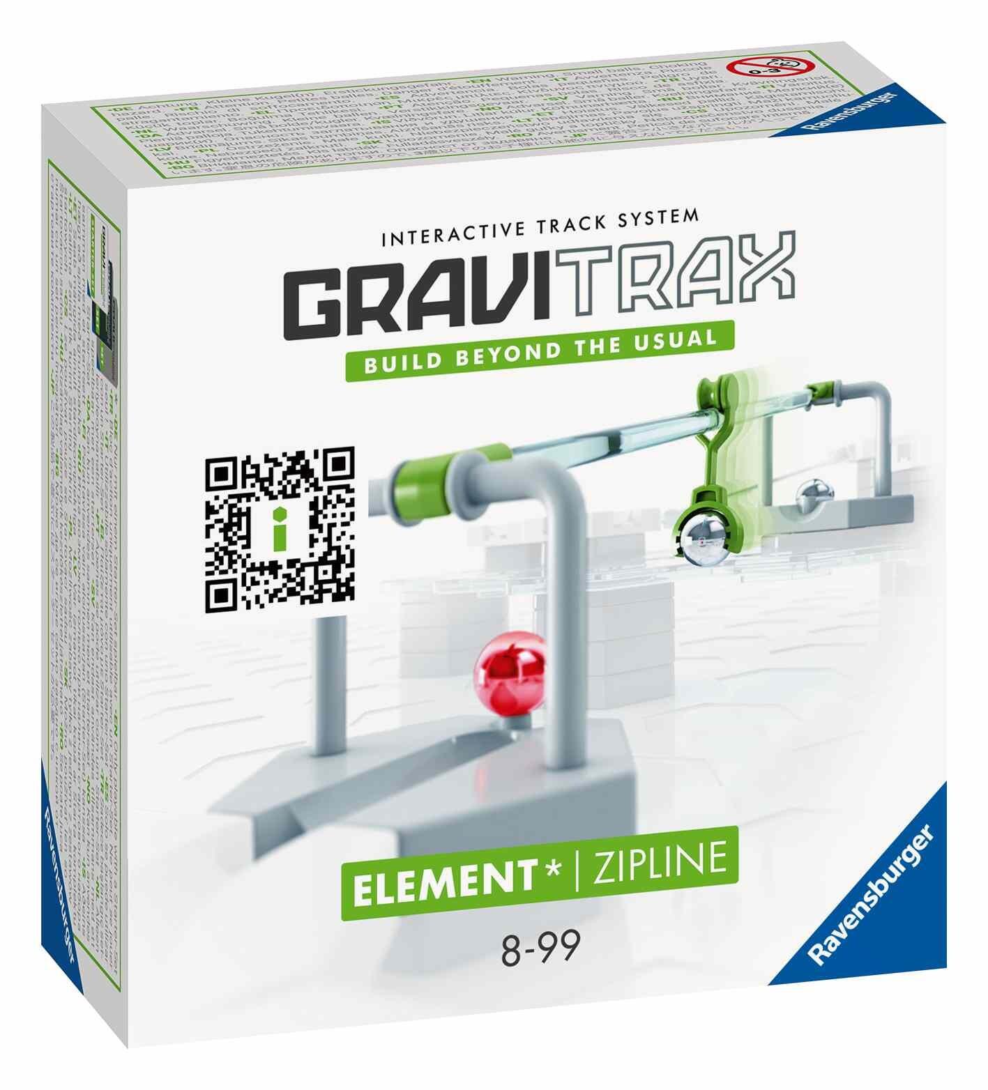 Front view of the GraviTrax Zipline Element box featuring the marble gliding mechanism