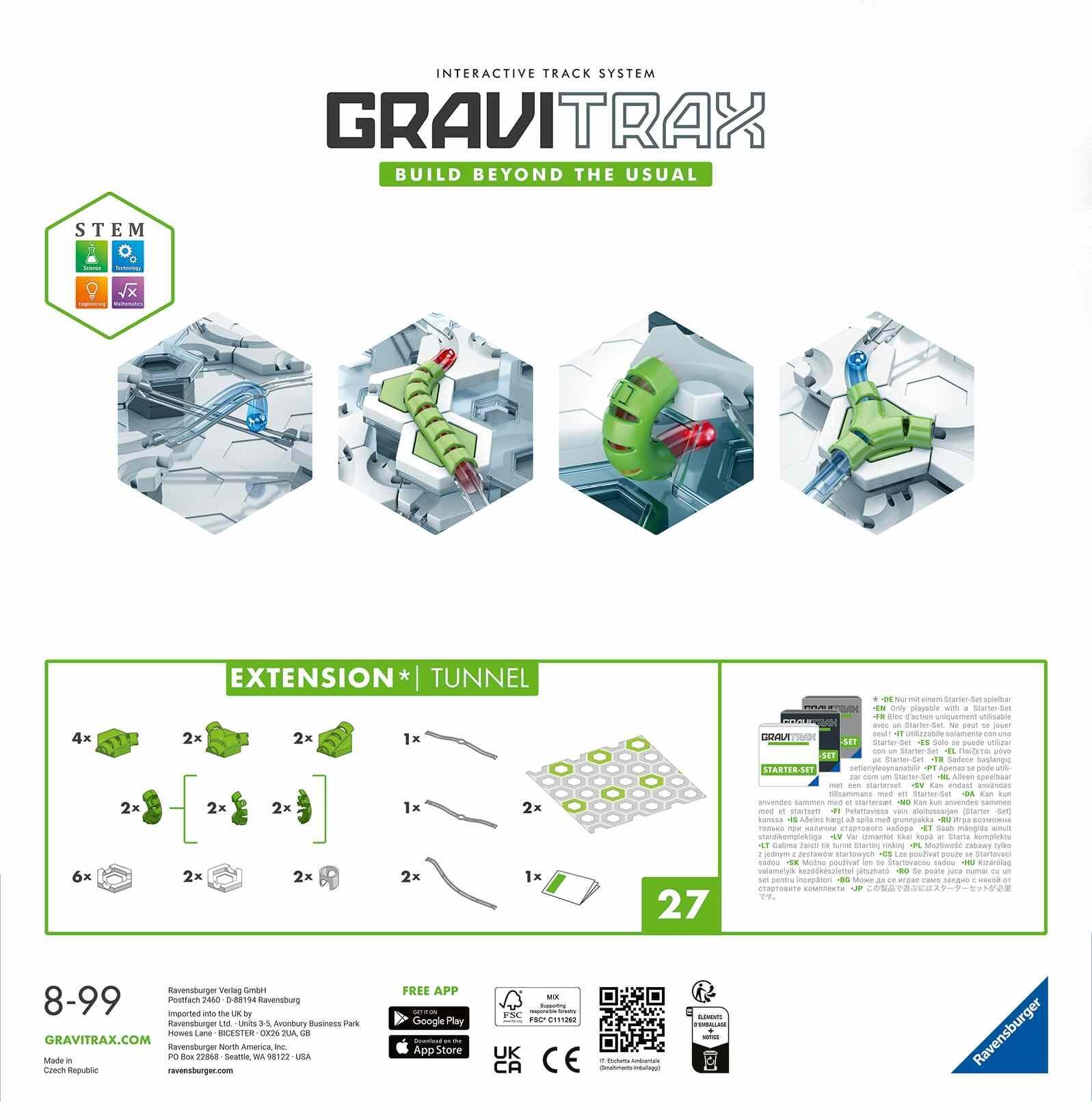 Back of the GraviTrax Tunnel Pack box showing tunnel features and included components