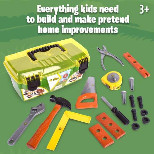 John Deere Deluxe Tool Box contents including toy hammer pliers and bolts