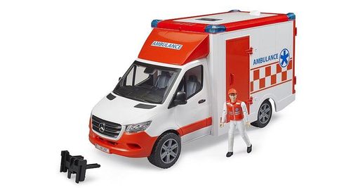A Bruder Mercedes-Benz Sprinter ambulance toy with front view and accessories attached