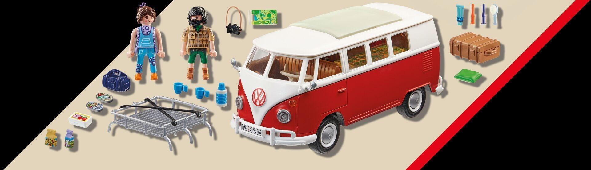 Playmobil 70176 VW T1 Camping Bus full contents layout including figures, accessories, and camper van