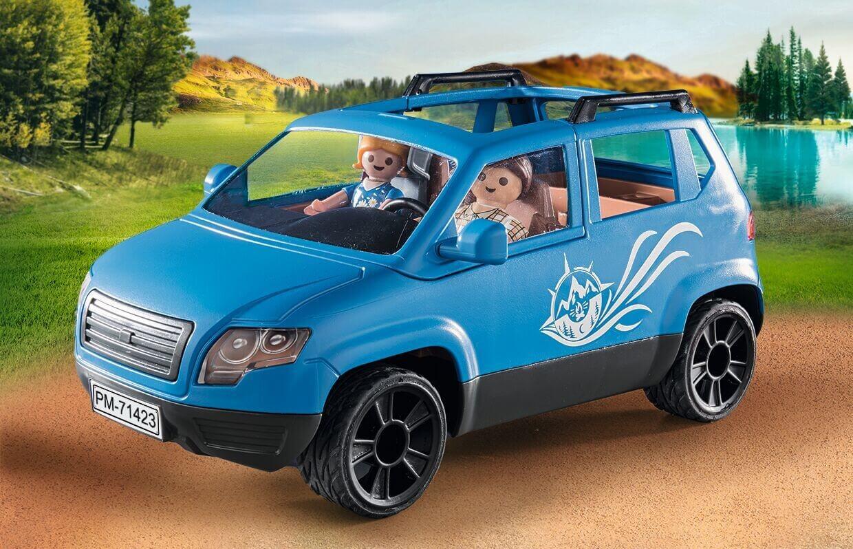 PLAYMOBIL SUV-style toy car on road – Playmobil car and caravan playset vehicle