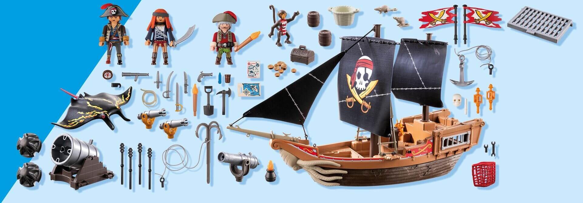 Playmobil pirate galleon with figures, accessories and weapons laid out