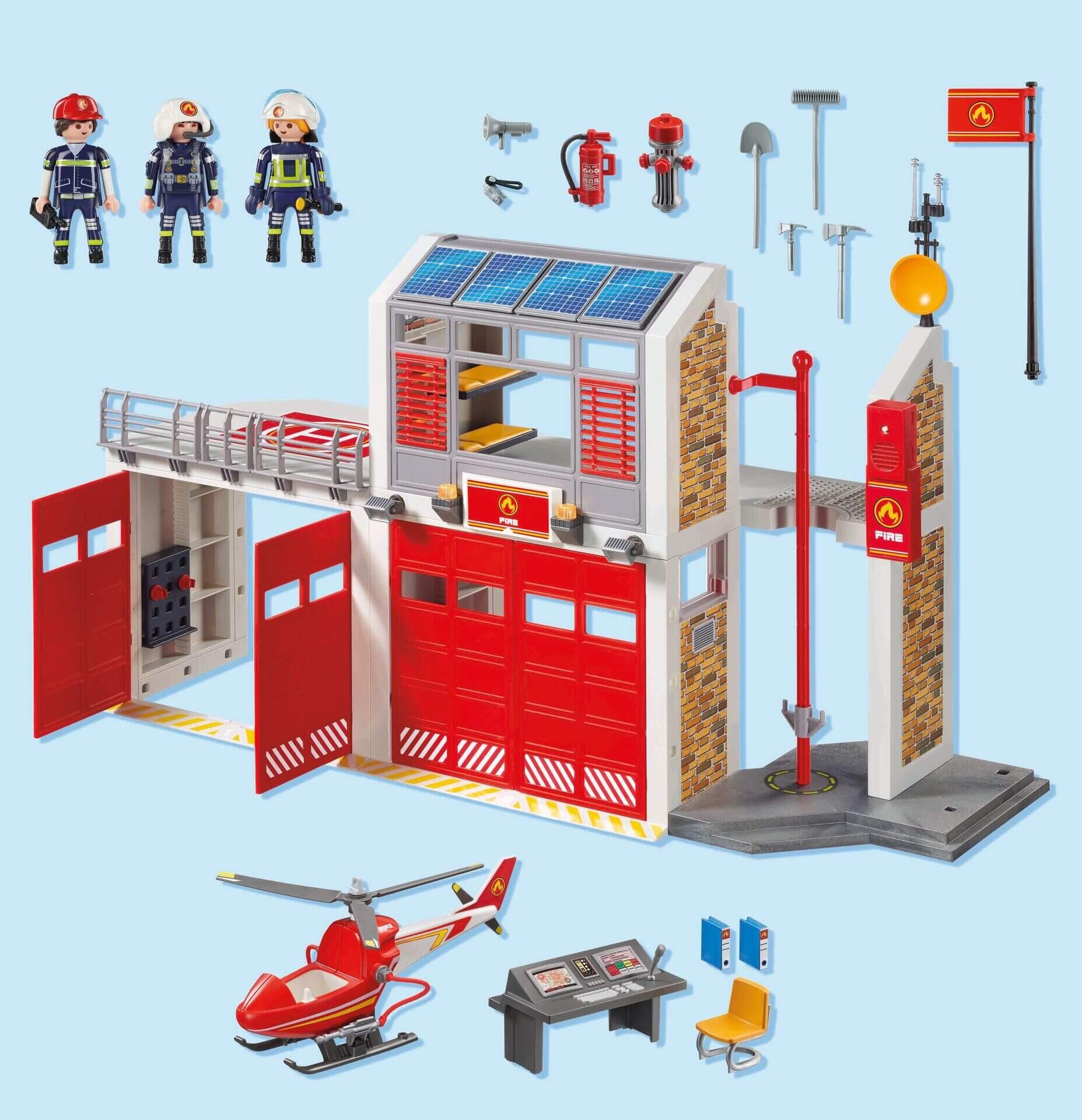 Playmobil Fire Station 9462 full set layout with figures, vehicles and accessories