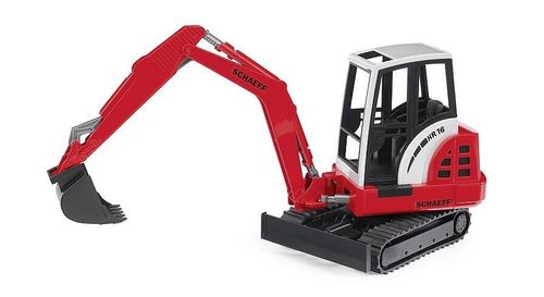 Bruder Schaeff HR16 mini excavator toy – close-up of red and black digger