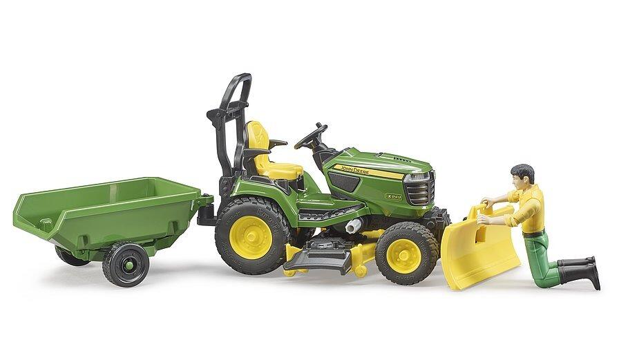 John Deere lawn tractor with trailer attached on white background