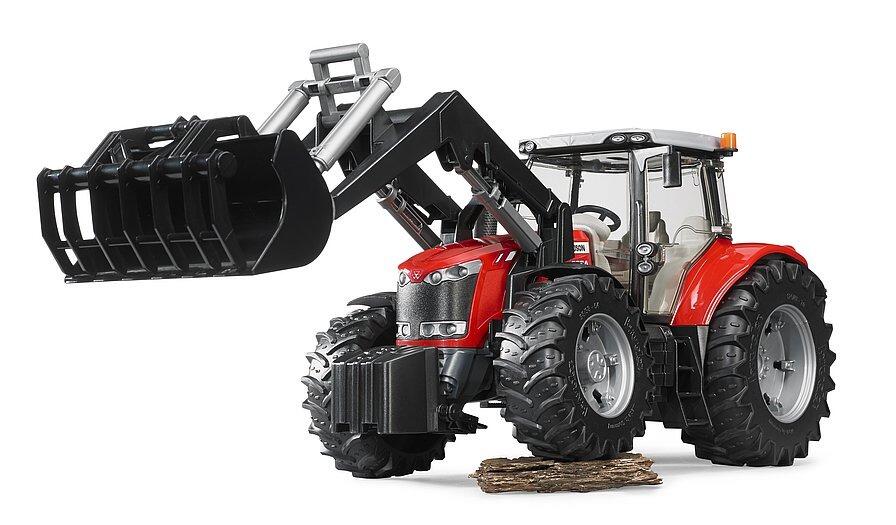 Detailed Bruder Massey Ferguson 7600 toy tractor with working front loader