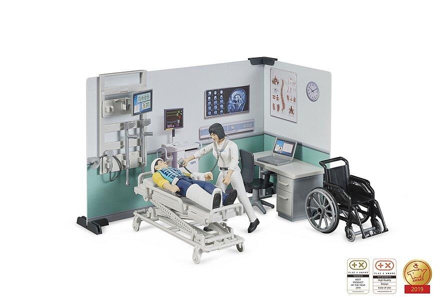 Complete Bruder Health Station setup showing figures and medical equipment