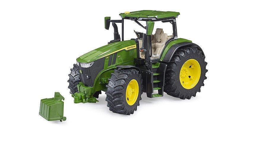 Rear three-quarter view of Bruder John Deere 7R 350 tractor showing hitch