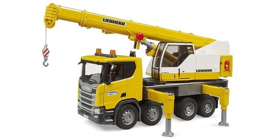 Bruder Scania Liebherr crane truck in yellow with extendable boom – 1:16 scale