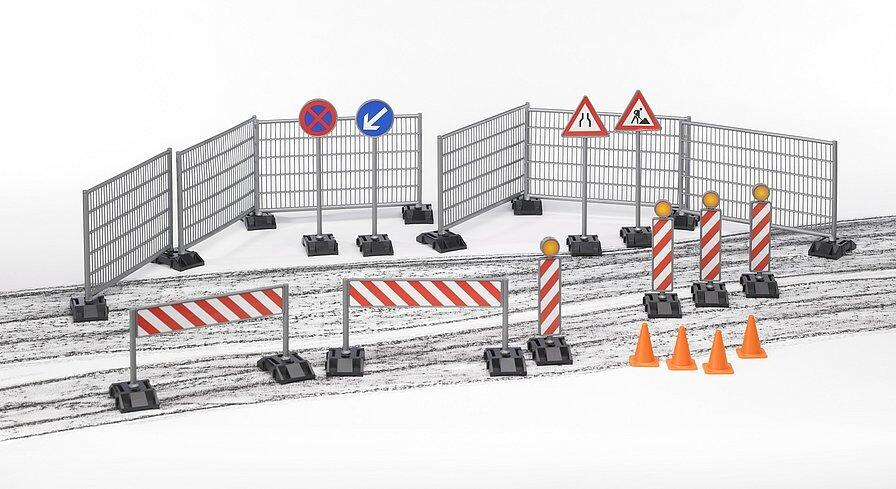 Construction fencing, warning signs and traffic cones arranged as a work zone setup
