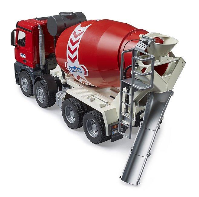 Rear view of cement mixer toy showing rotating drum mechanism and chute detail