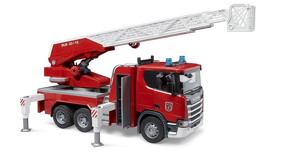 Scania fire truck toy showing ladder, stabiliser legs and water pump details
