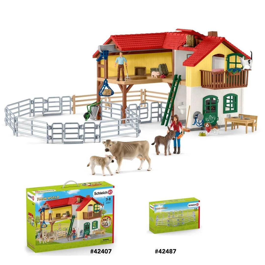 Schleich Corral Fence displayed around a farm playset with animals and accessories, shown alongside boxed packaging.