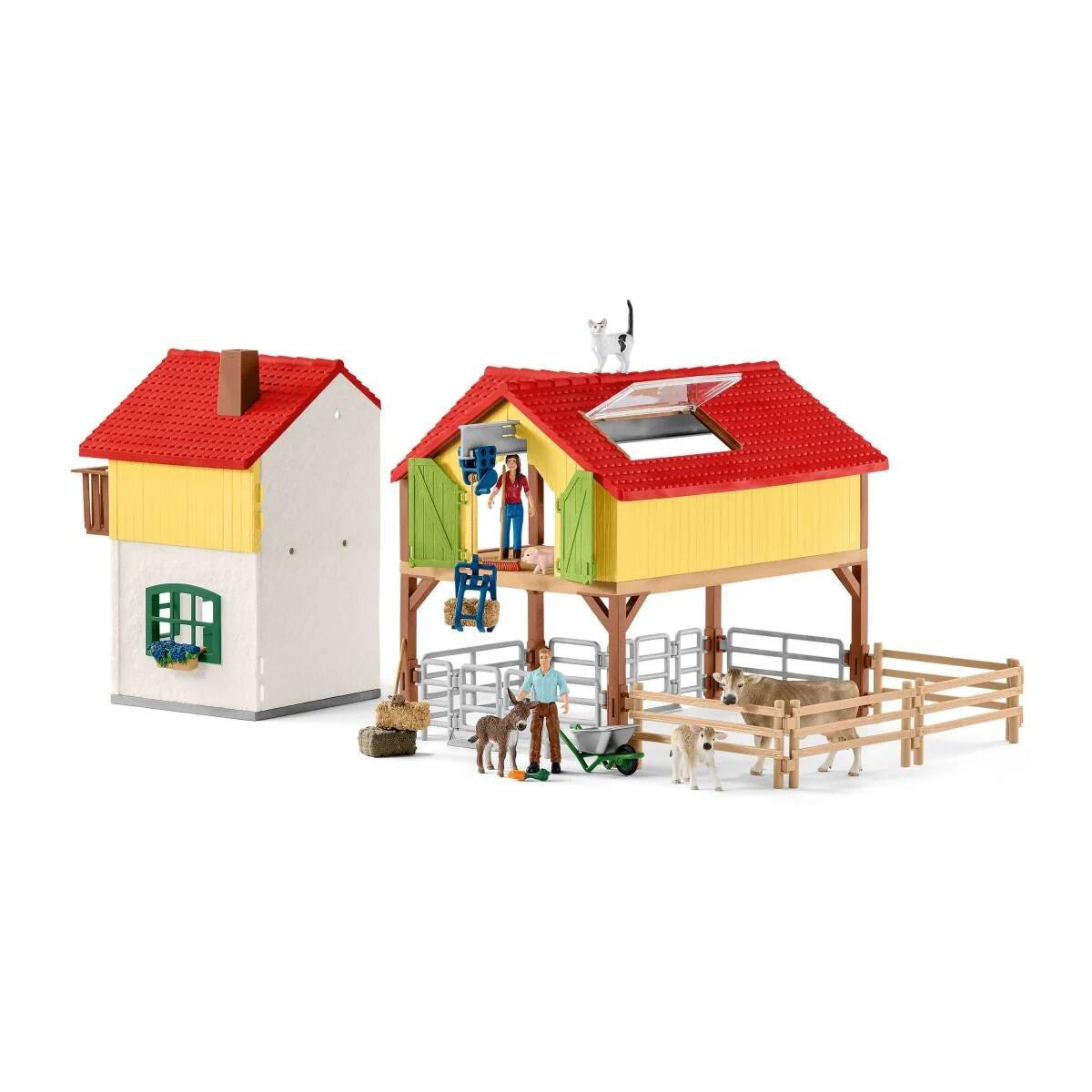 Schleich 42407 farmhouse and barn buildings displayed separately with fences and accessories.