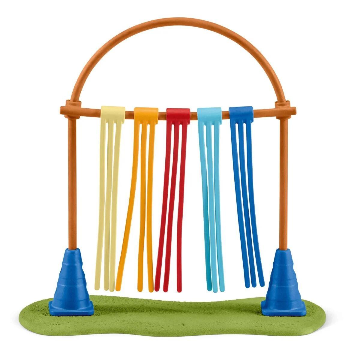 Schleich agility curtain obstacle with coloured hanging strips and cone supports.