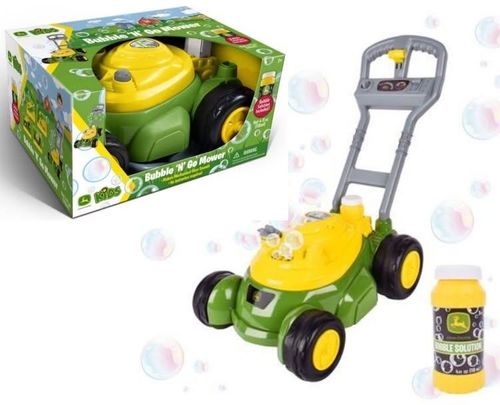 John Deere kids bubble mower toy with bubble bottle shown in packaging