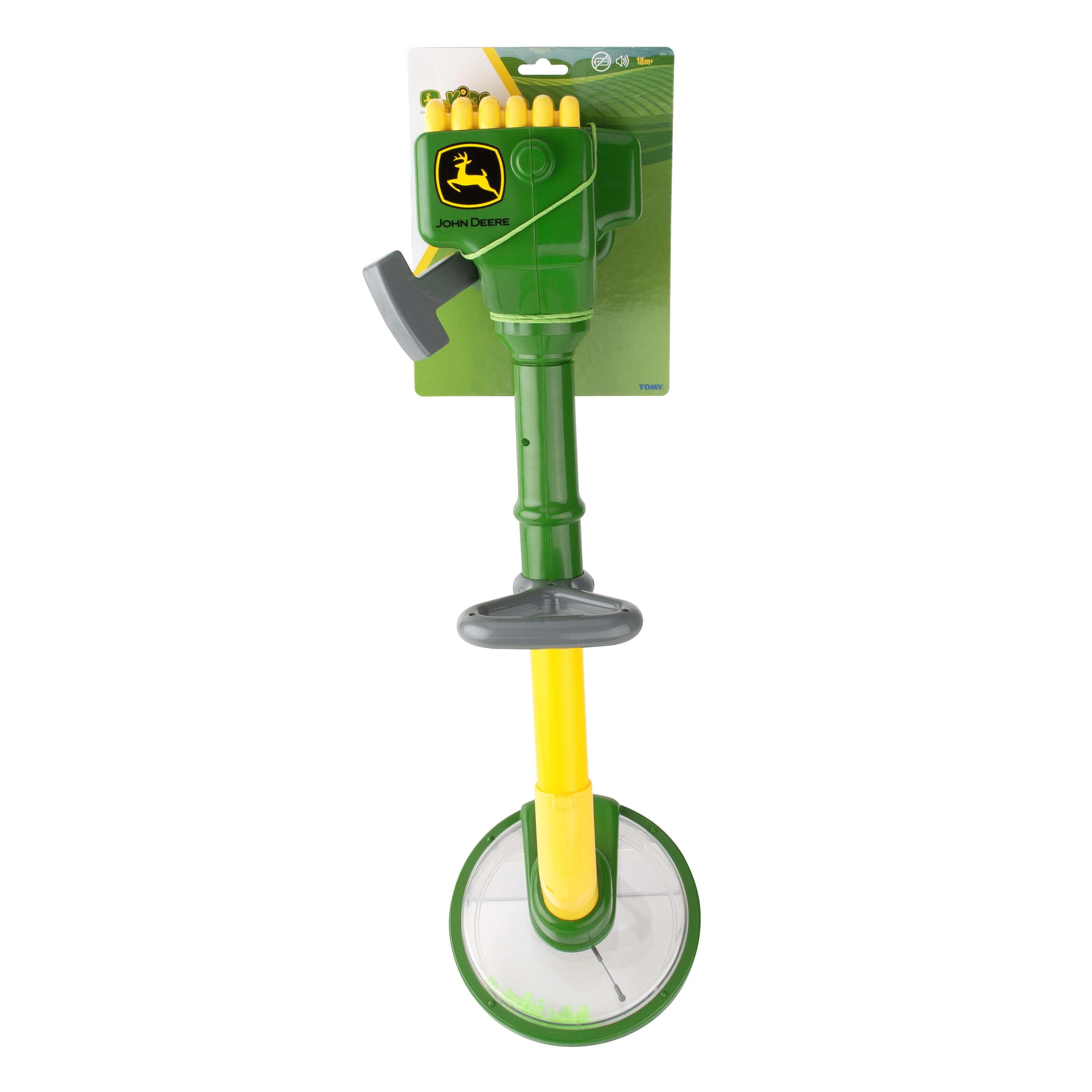 Front view of the John Deere kids’ toy power trimmer in green and yellow on a white background.