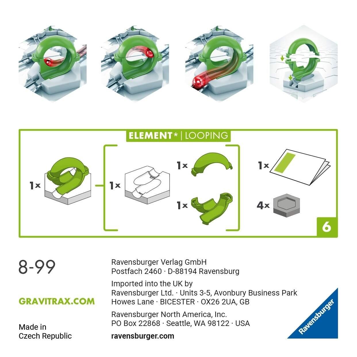Back of the GraviTrax Loop Element box showing loop mechanism and included components