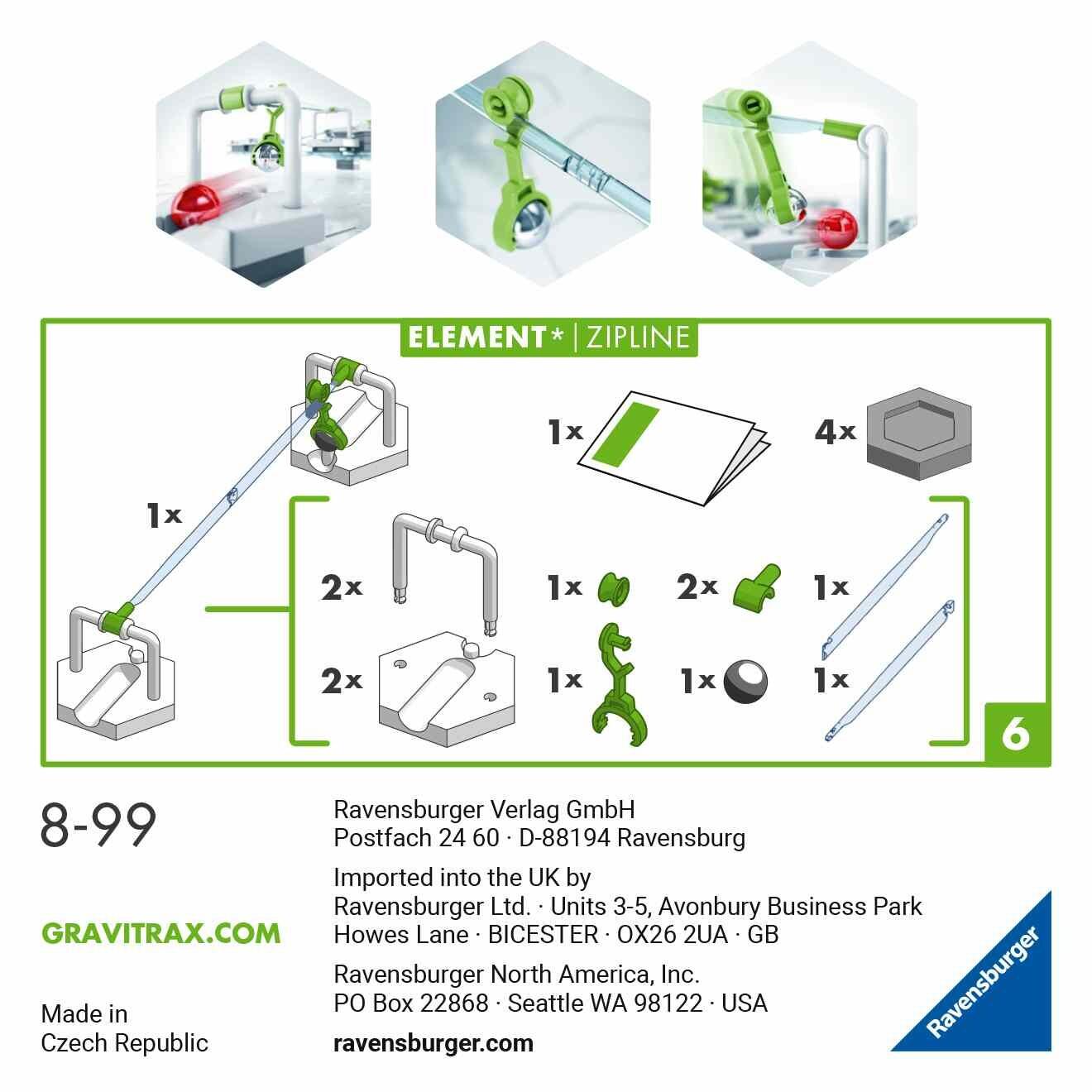 Back of the GraviTrax Zipline Element box showing zipline features and included components