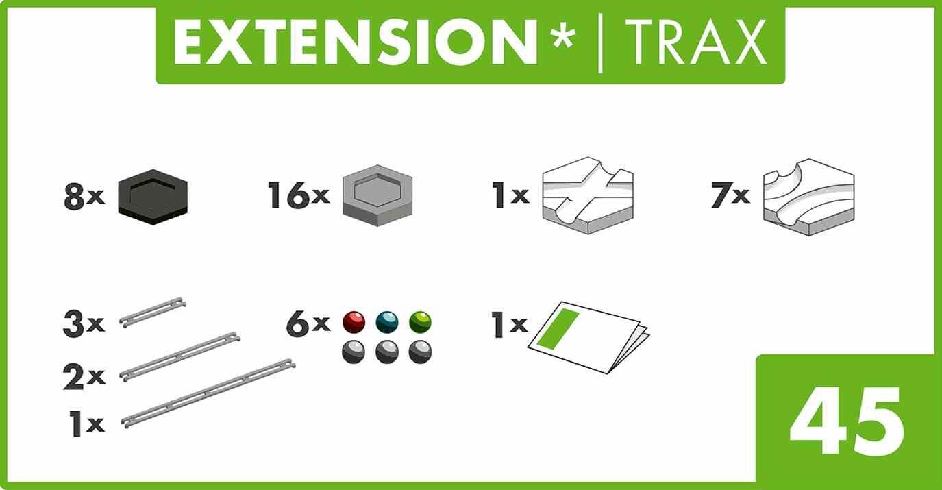 GraviTrax Trax Pack contents sheet showing included track pieces, tiles, and accessories