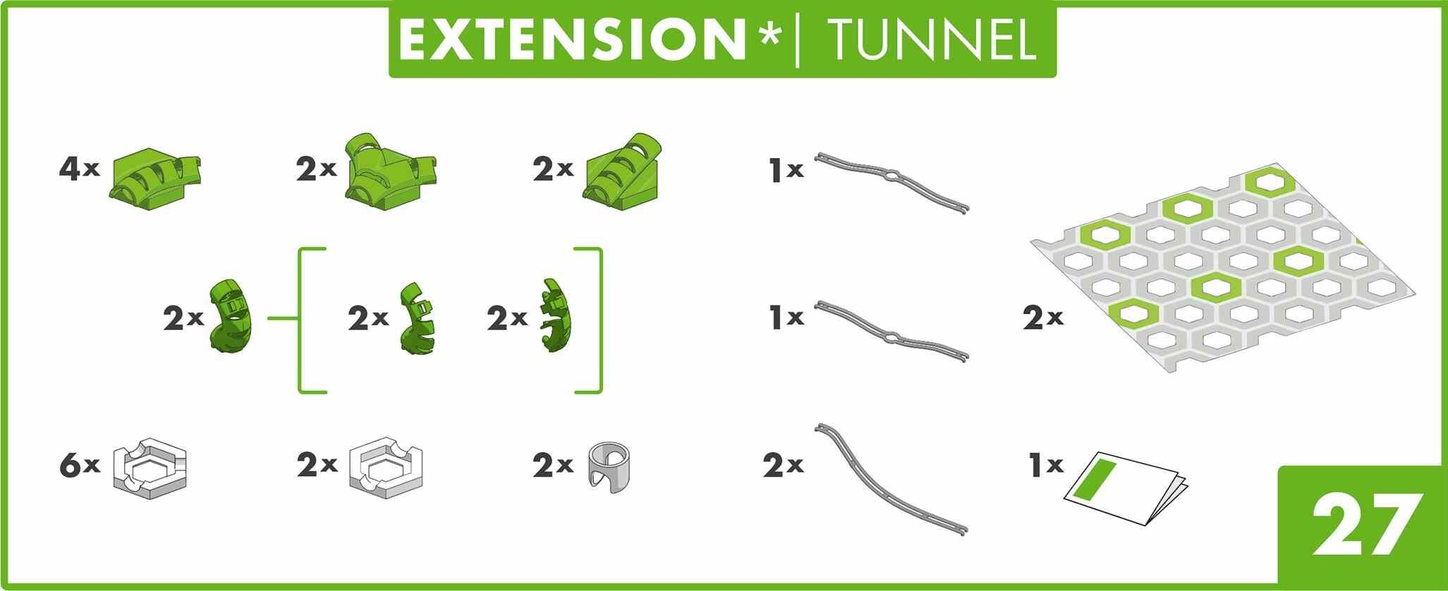 GraviTrax Tunnel Pack contents sheet displaying all tunnel pieces and track elements