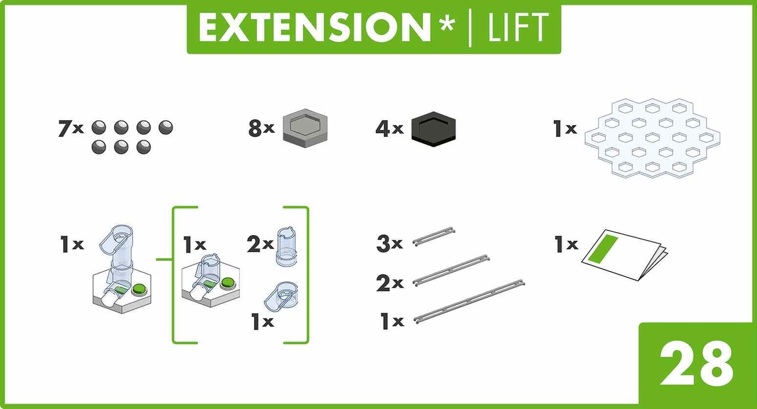 GraviTrax Lift Pack contents sheet displaying all included pieces and accessories