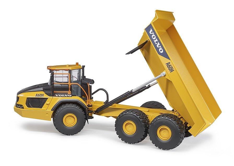 Side view of Volvo A60H toy dumper lifting the rear bed for unloading