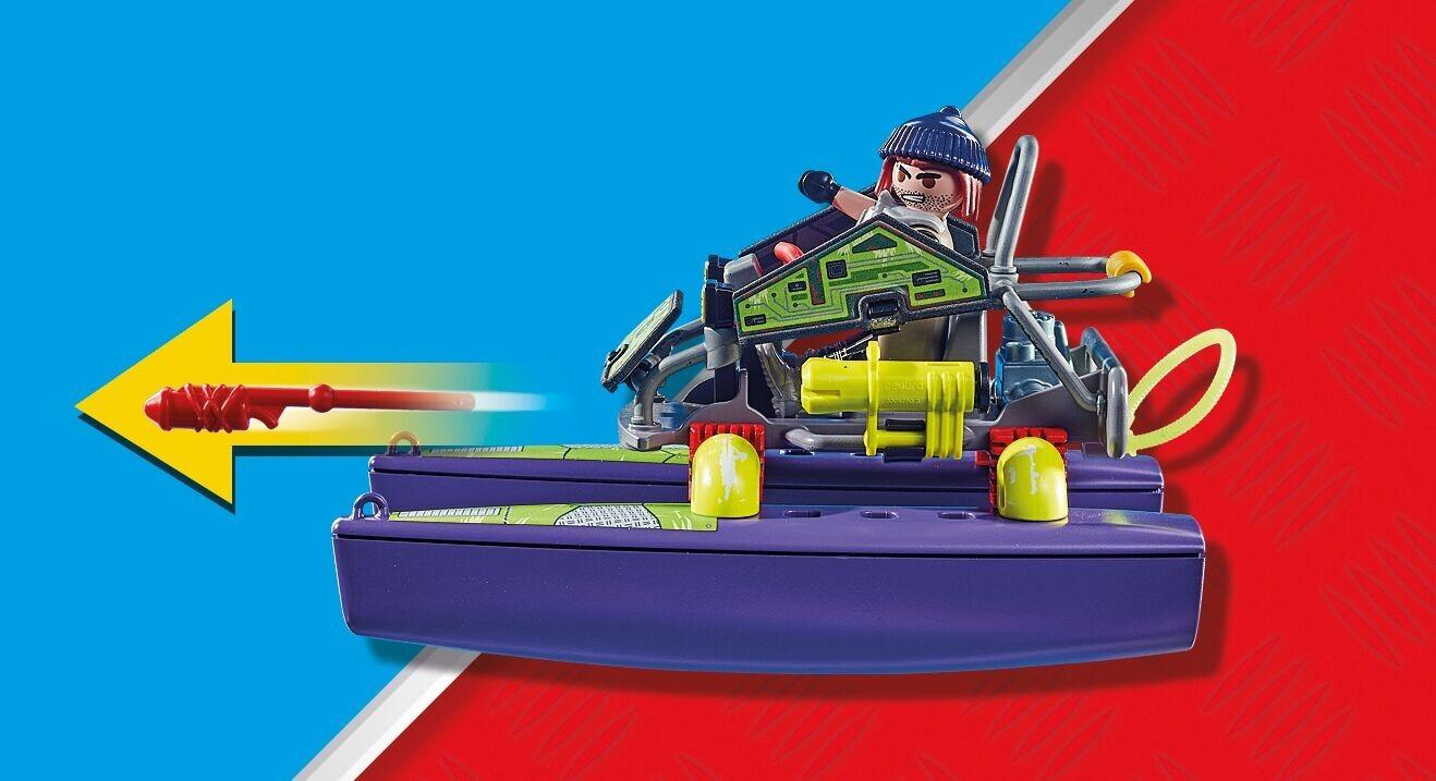 Playmobil tactical police quad attached to floating pontoons with arrow showing movement direction