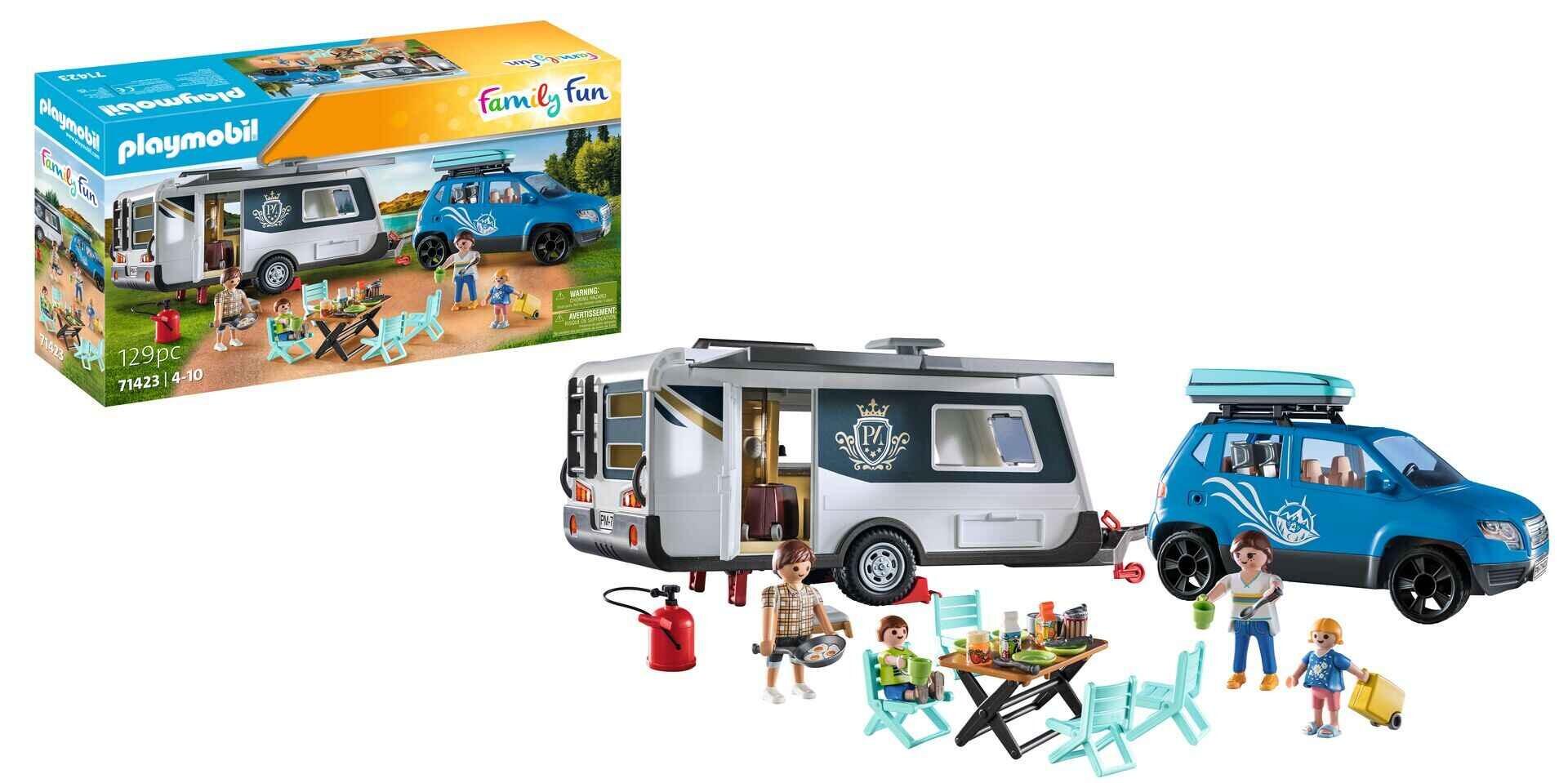 Full PLAYMOBIL 71423 Caravan with Car playset – caravan, SUV, family figures and camping gear