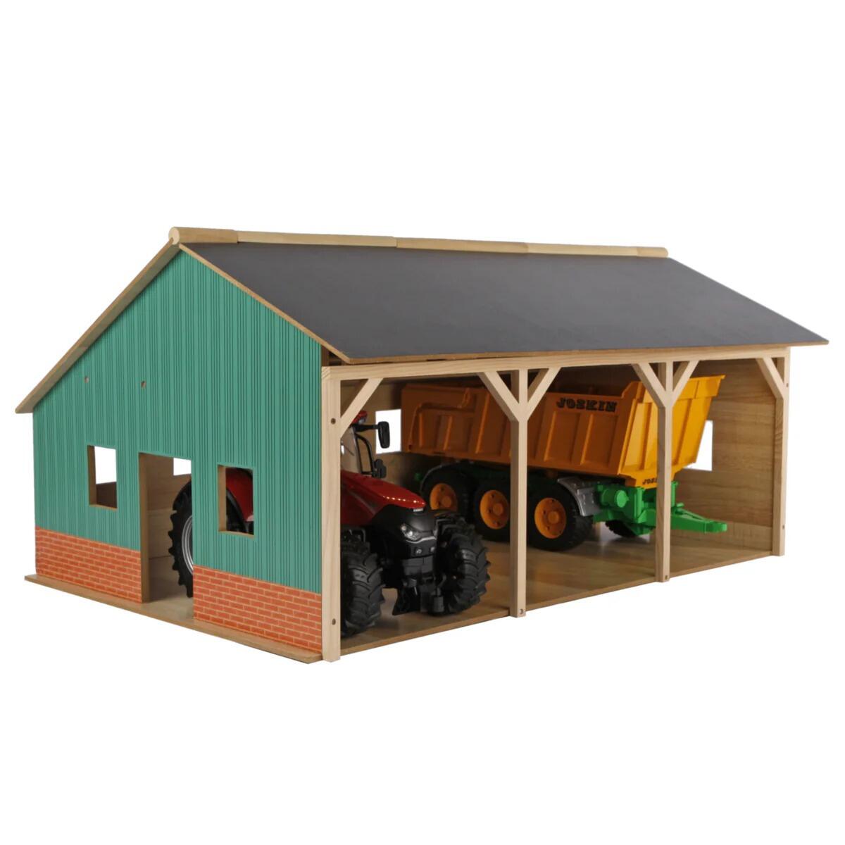 Kids Globe wooden farm shed for 1:16 scale tractors - side & front view.